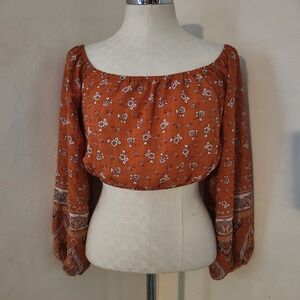 Forever‎ 21 Orange Floral Off The Shoulder Cropped Boho Blouse Top Womens L